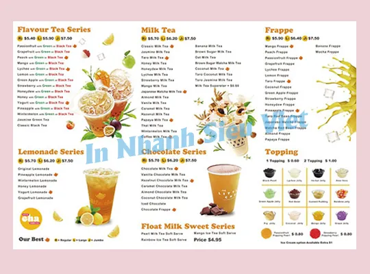 in menu trà sữa chất lượng cao